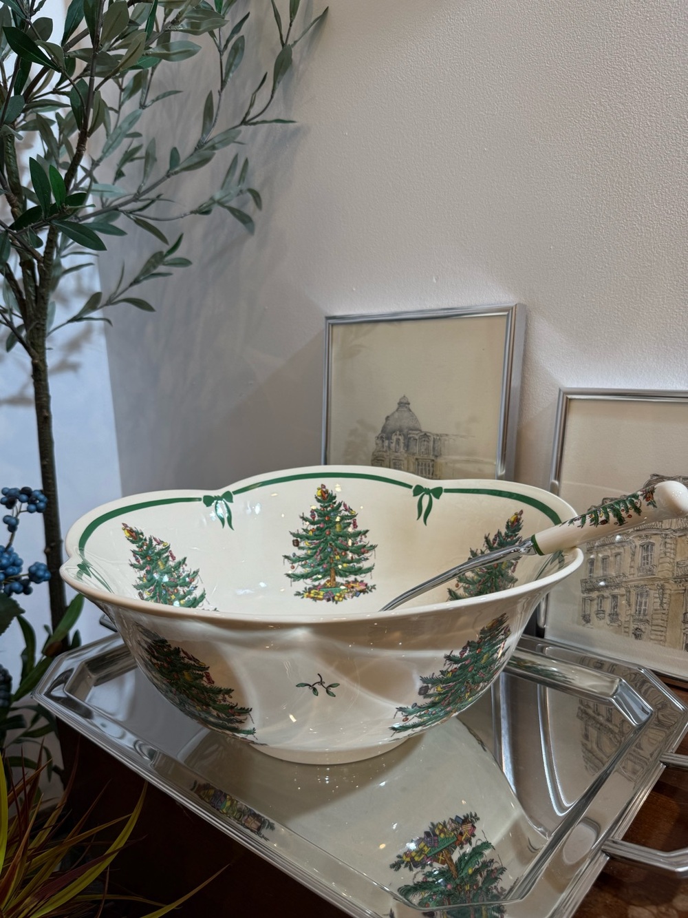 Spode Christmas Tree Double-Handled Mugs with punch bowl and silver ladle set